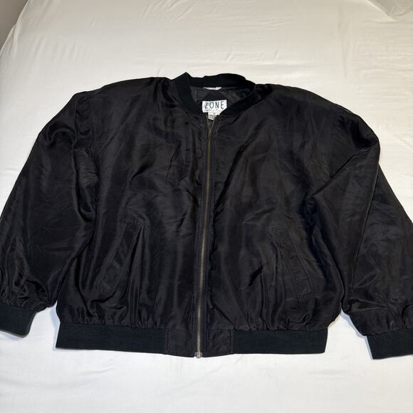 Vintage 90's Silk Black Bomber Lined Full Zip Jacket Shoulder Pads Pockets 2X - Picture 1 of 14